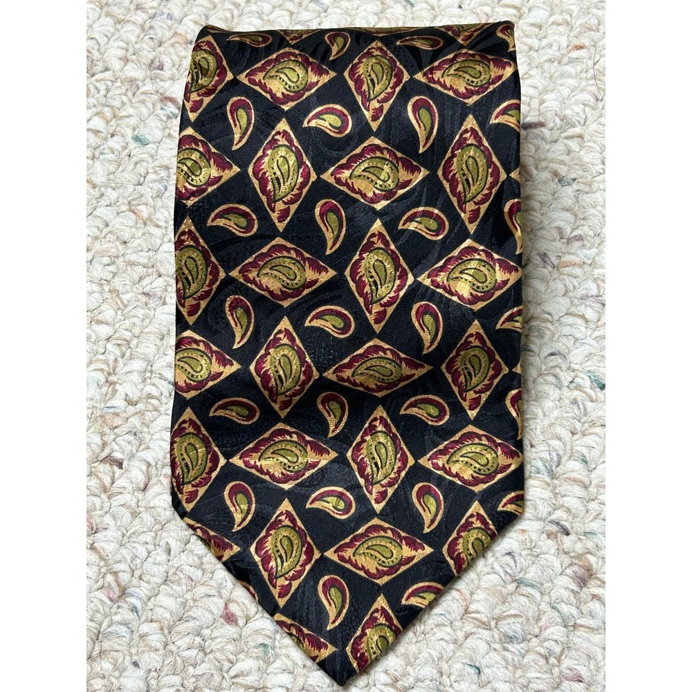 Stafford Executive Tie Black Gold Burgundy Paisley‎ Diamond Pattern Necktie